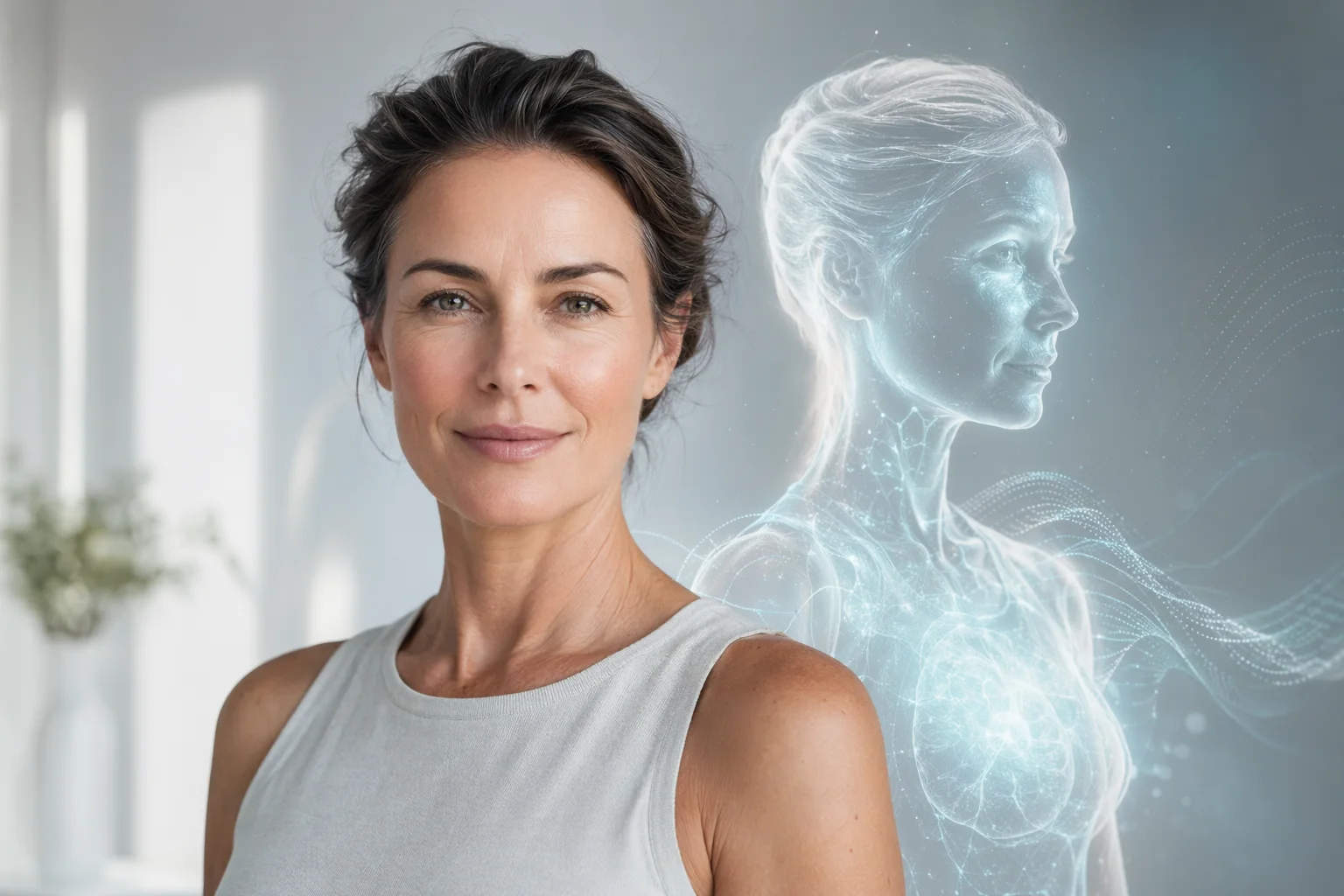 A woman and an illustrative virtual twin, representing a biological story through time
